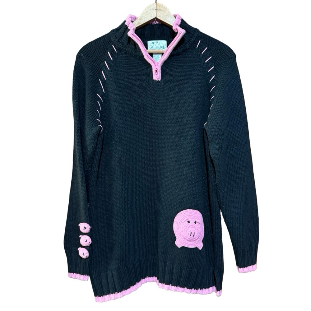 The Quacker Factory Vintage Black Pink Pig Quarter Zip Sweater